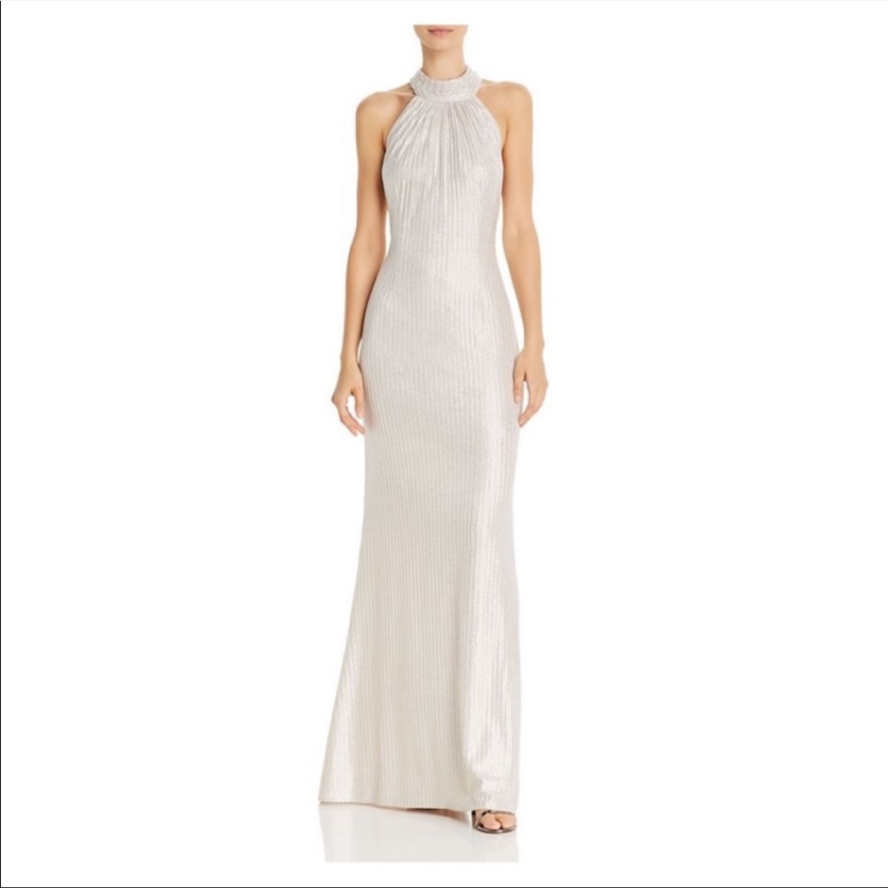 Aidan Mattox Champagne Metallic Knit Halter Gown